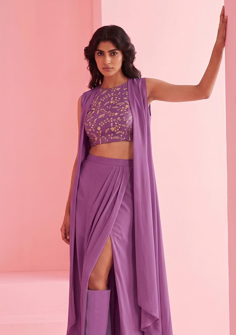 Purple Embroidered Crepe Fusion Set - Indya