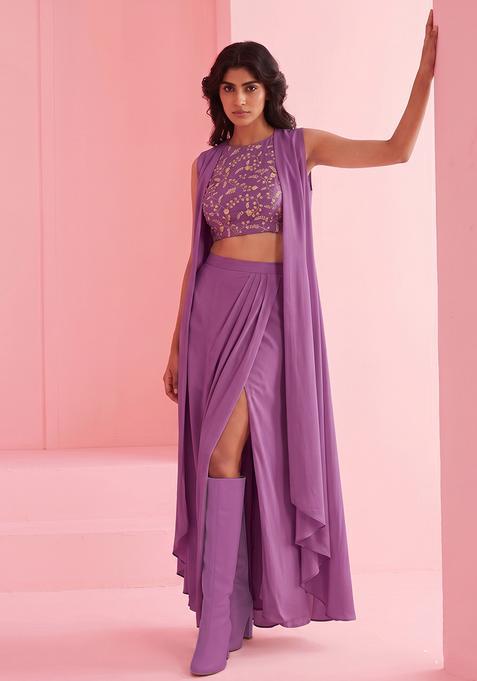 Purple Embroidered Crepe Fusion Set