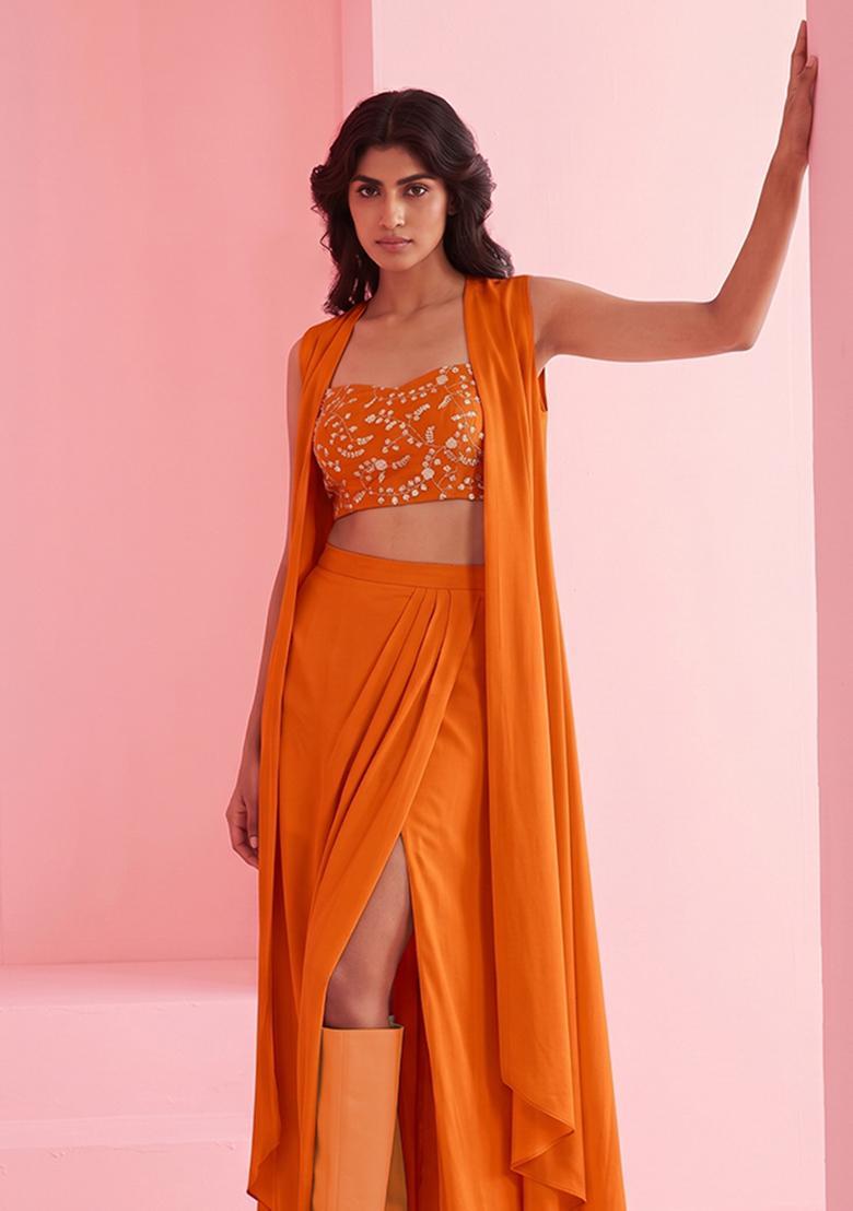 Orange Embroidered Crepe Fusion Set - Indya