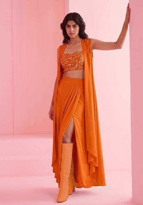Orange Embroidered Crepe Fusion Set