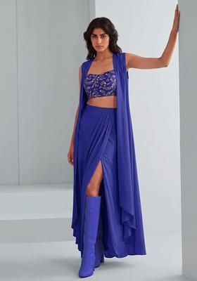 Royal Blue Embroidered Crepe Fusion Set