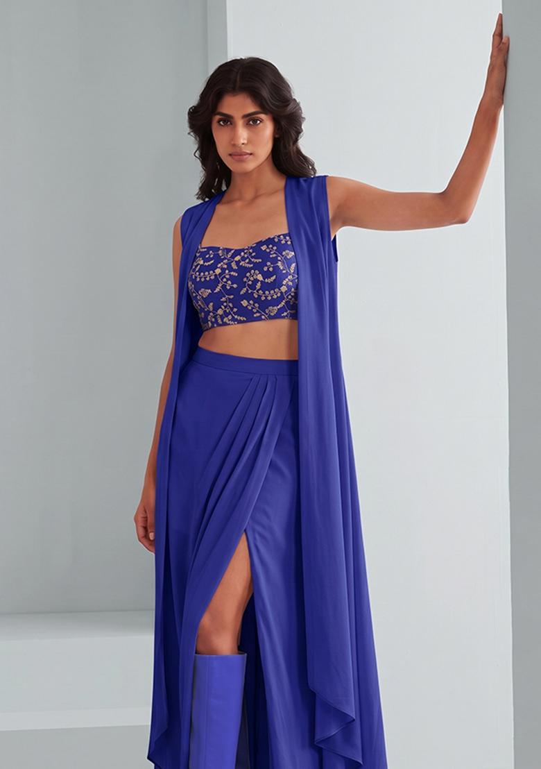 Royal Blue Embroidered Crepe Fusion Set - Indya