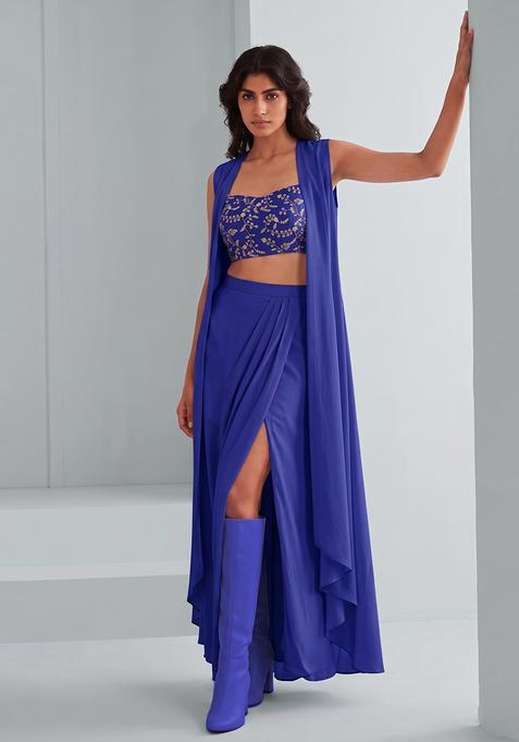Royal Blue Silk Blend Embroidered Fusion Set