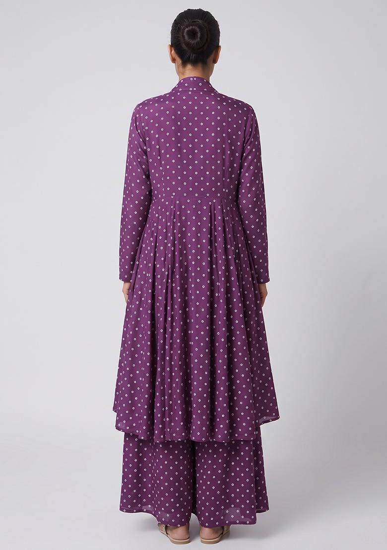 Purple Printed Silk Fusion Set - Indya