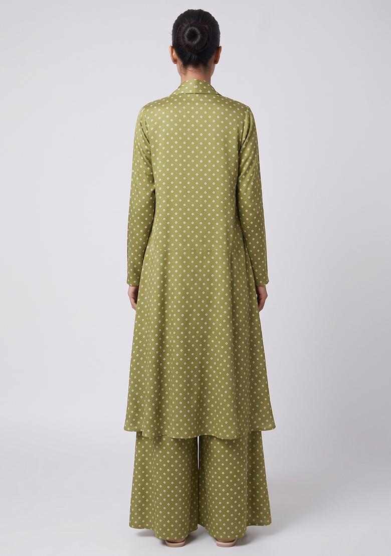 Olive Green Printed Silk Fusion Set - Indya