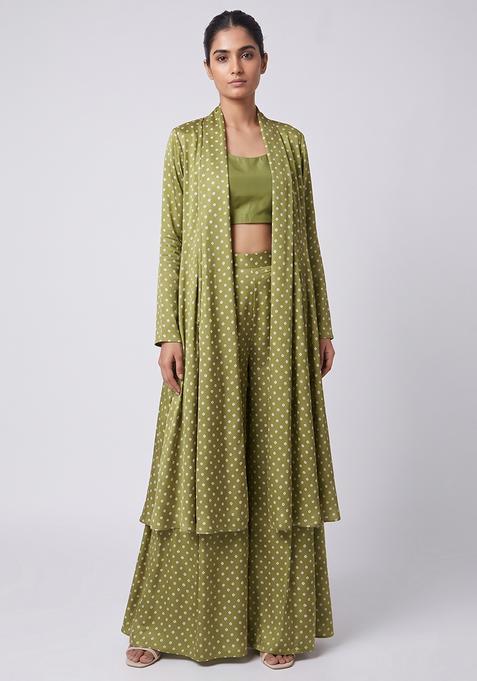 Olive Green Silk Blend Printed Fusion Set
