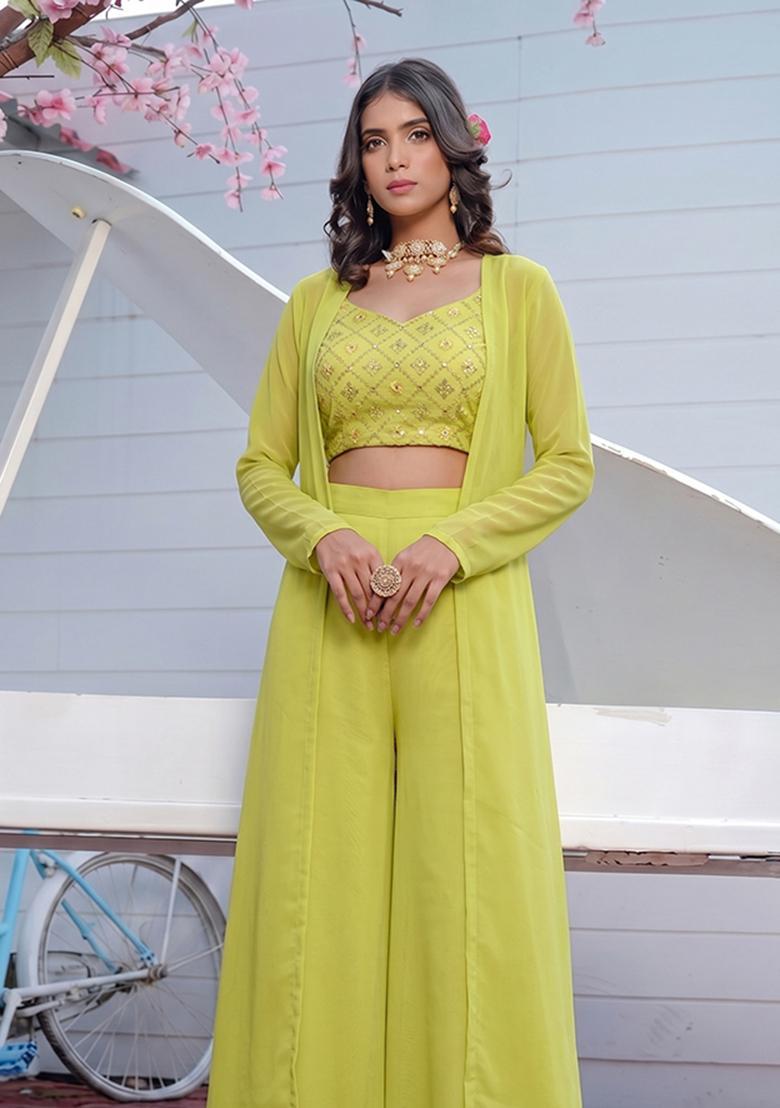 Lime Green Sequin Georgette Fusion Set - Indya