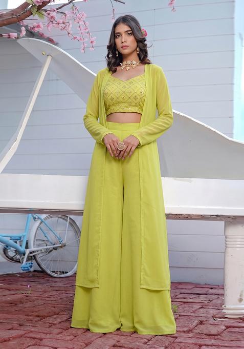 Lime Green Georgette Mirror Work Fusion Set