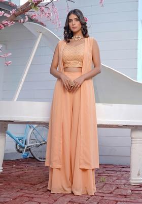 Peach Sequin Georgette Fusion Set