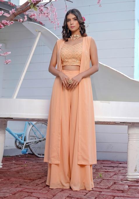 Peach Silk Blend Mirror Work Fusion Set
