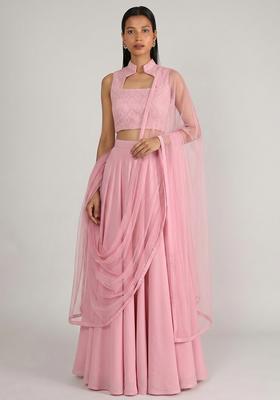 Onion Pink Sequin Georgette Fusion Set