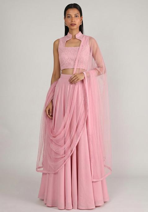 Onion Pink Silk Blend Mirror Work Fusion Set