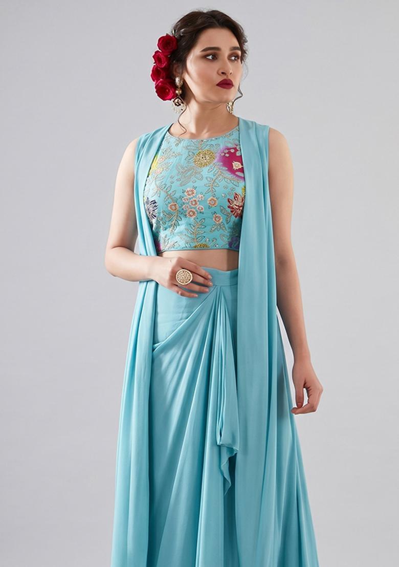 Sky Blue Embroidered Crepe Fusion Set - Indya
