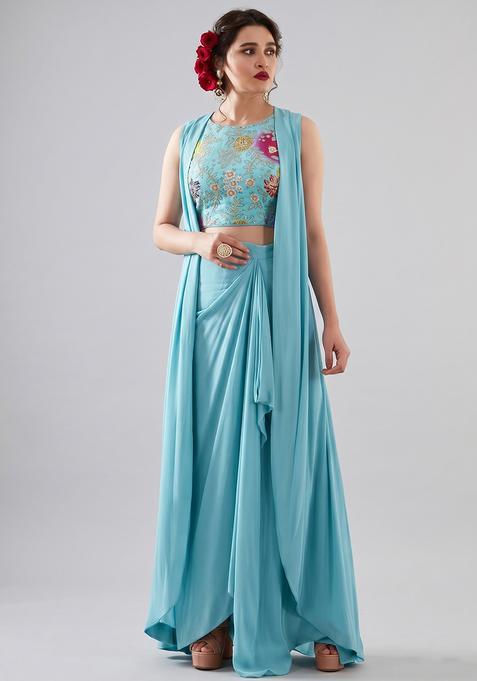 Sky Blue Silk Blend Embroidered Fusion Set