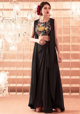 Black Embroidered Crepe Fusion Set