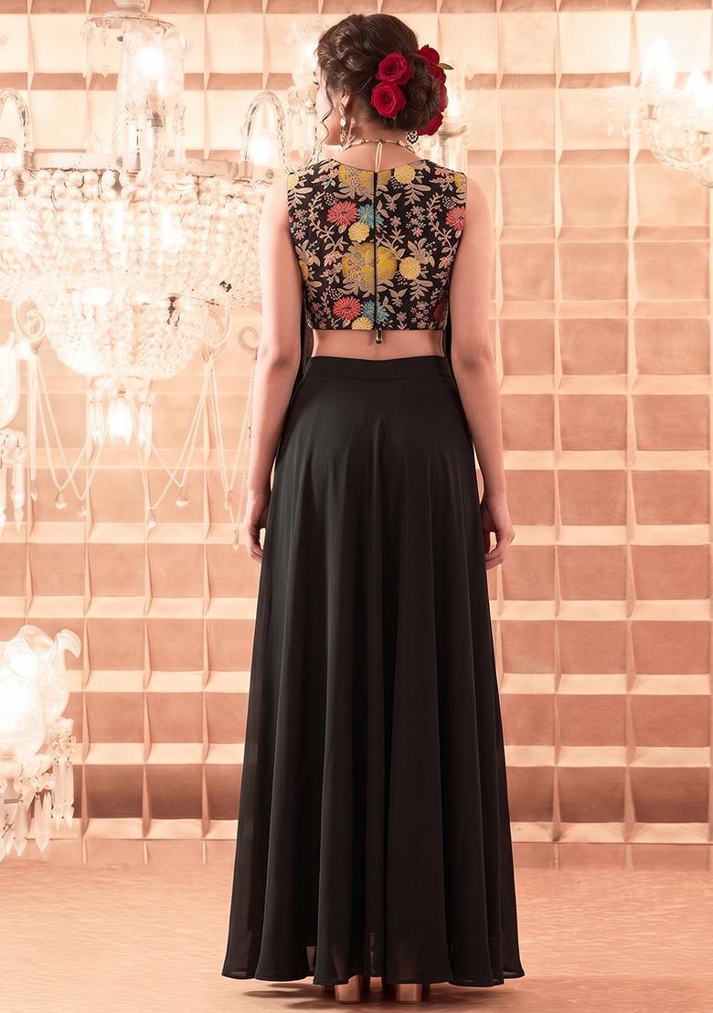 Black Embroidered Crepe Fusion Set - Indya
