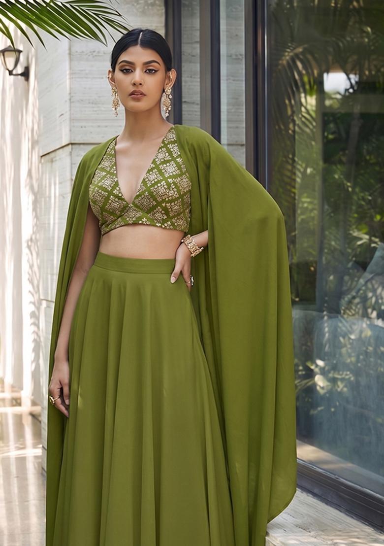 Olive Green Embroidered Crepe Fusion Set - Indya