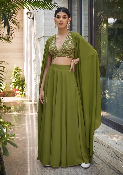 Olive Green Georgette Sequin Work Fusion Set