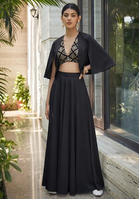 Black Embroidered Crepe Fusion Set