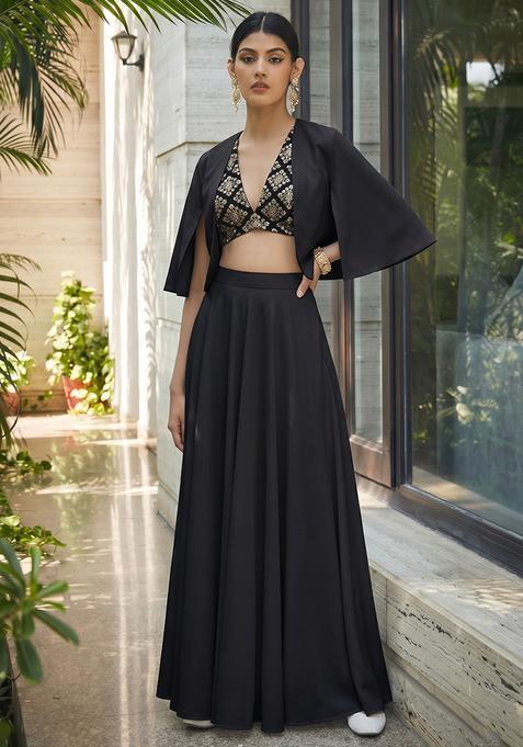Black Embroidered Crepe Fusion Set