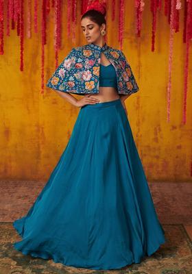 Teal Blue Printed Crepe Fusion Set