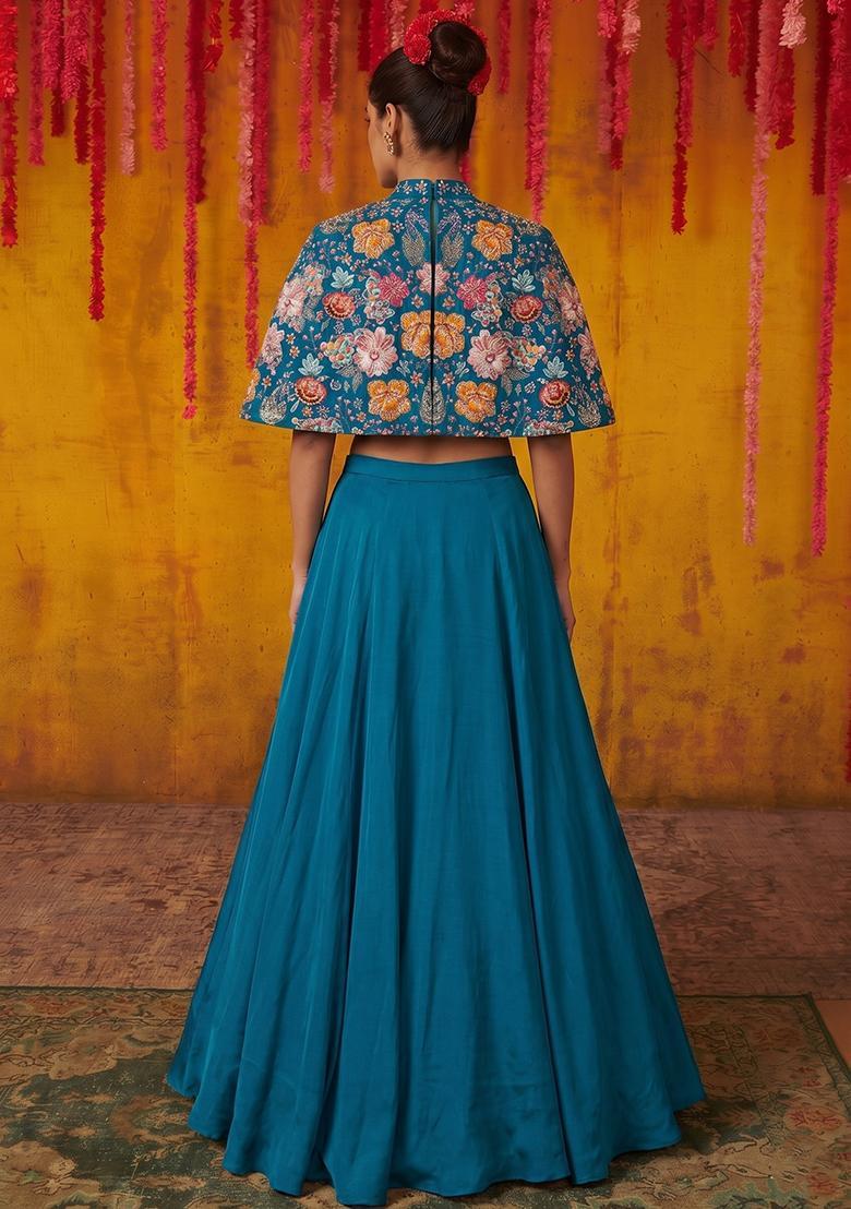 Teal Blue Printed Crepe Fusion Set - Indya