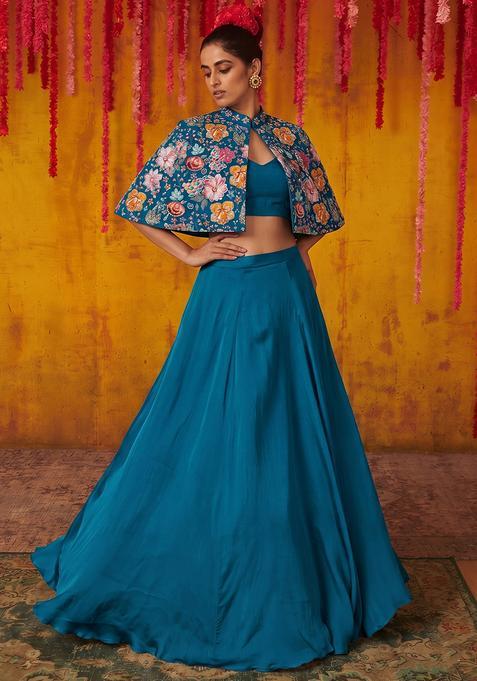 Teal Blue Silk Blend Embroidered Fusion Set