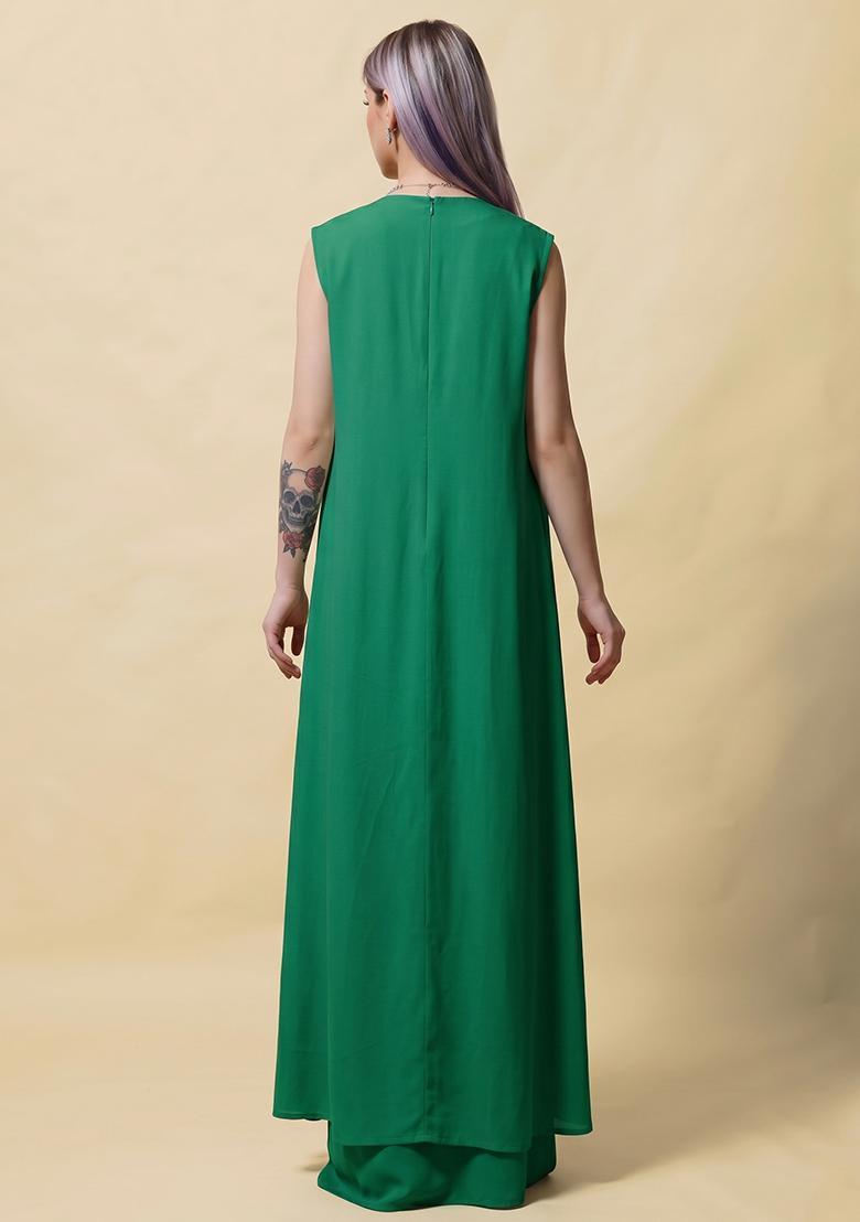 Emerald Green Printed Crepe Fusion Set - Indya