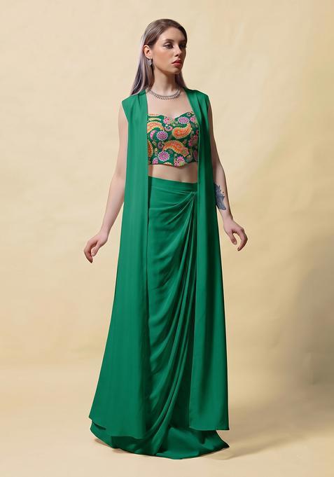Emerald Green Printed Crepe Fusion Set
