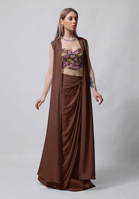 Chocolate Brown Printed Crepe Fusion Set