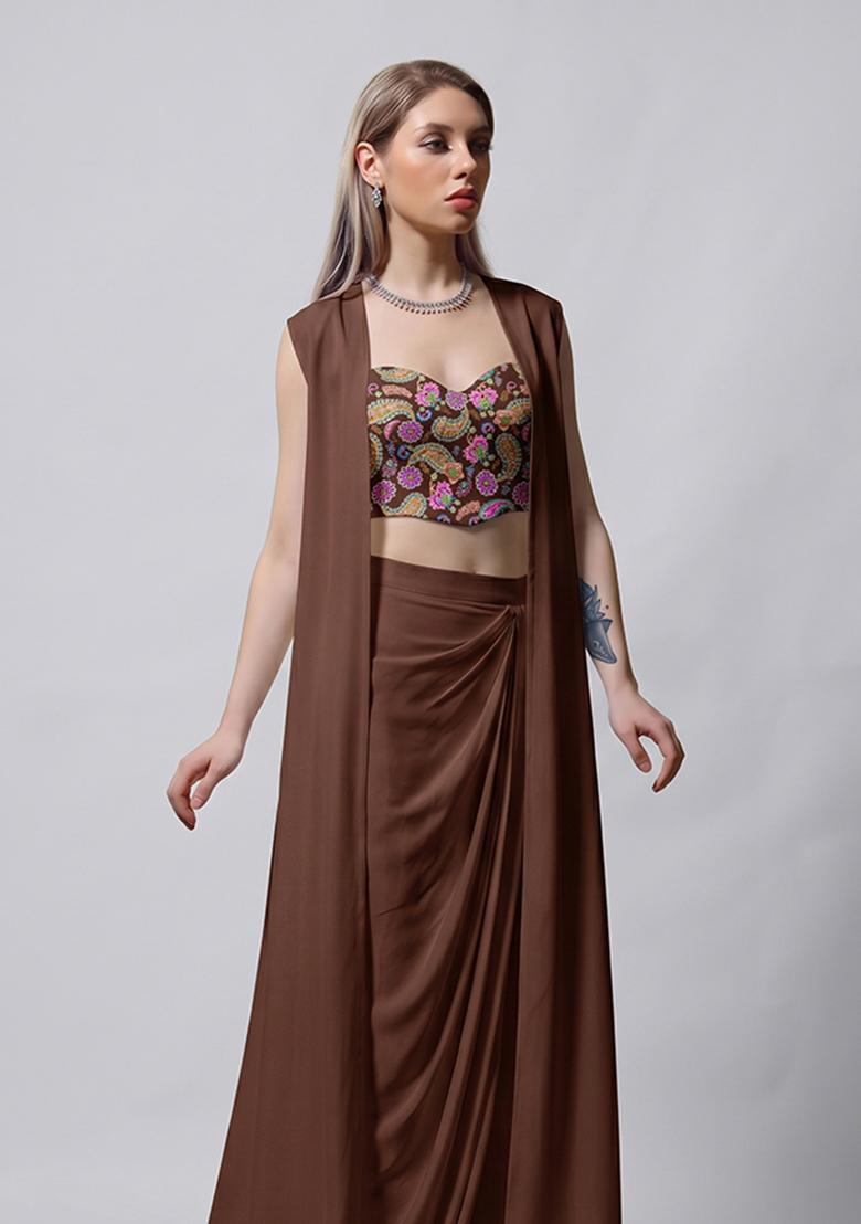 Chocolate Brown Printed Crepe Fusion Set - Indya