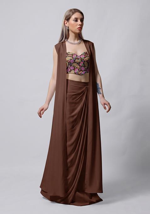 Chocolate Brown Silk Blend Floral Print Fusion Set