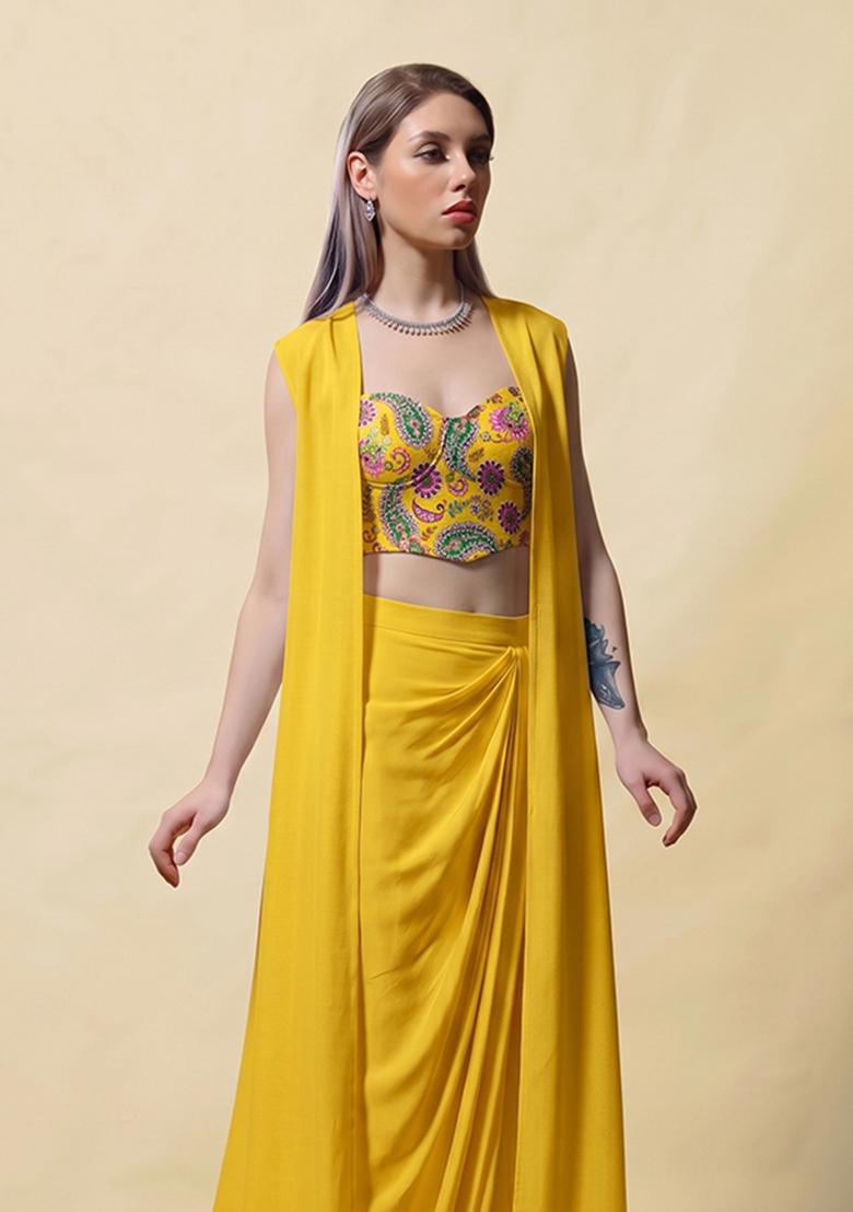 Mustard Printed Crepe Fusion Set - Indya