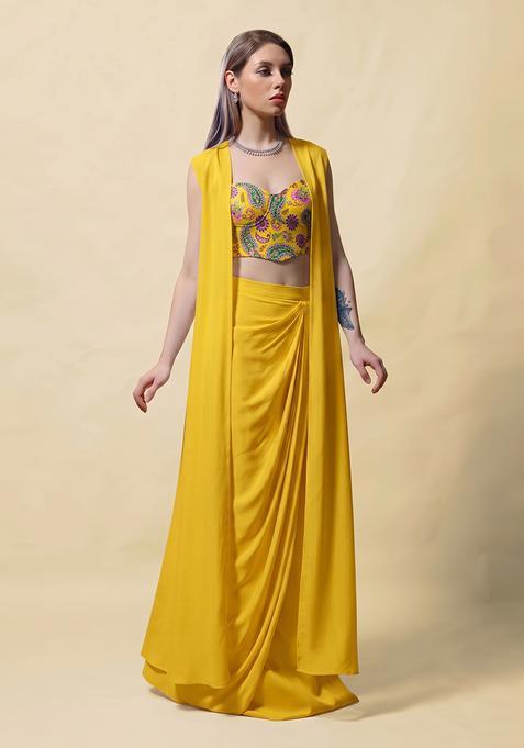 Mustard Silk Blend Mirror Work Fusion Set