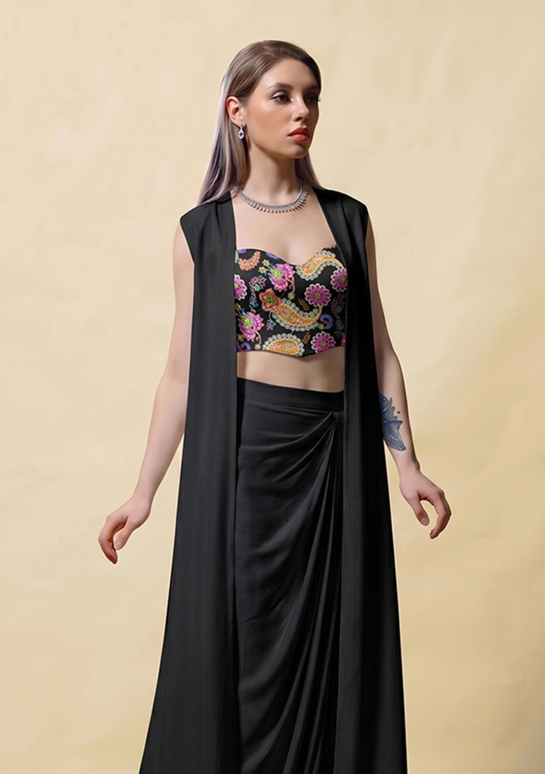 Black Printed Crepe Fusion Set - Indya
