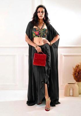 Black Printed Crepe Fusion Set