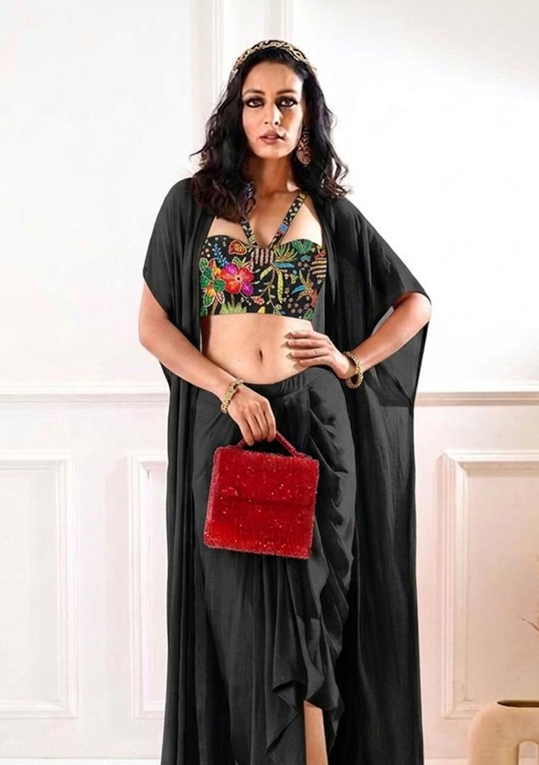Black Printed Crepe Fusion Set - Indya