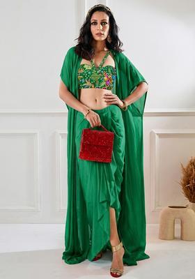 Emerald Green Printed Crepe Fusion Set
