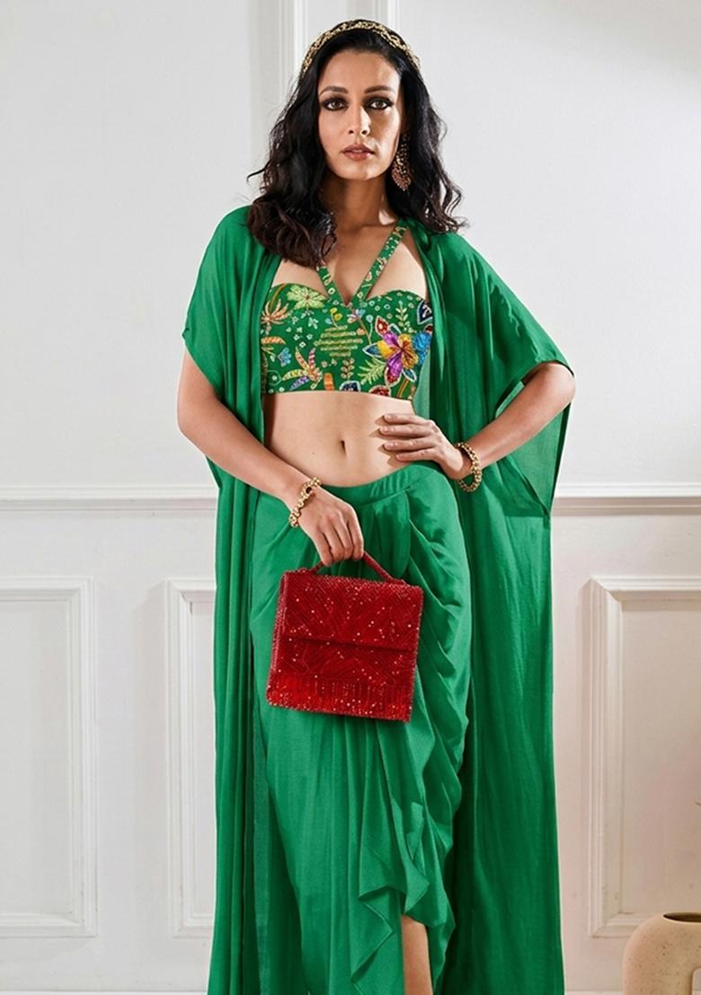 Emerald Green Printed Crepe Fusion Set - Indya
