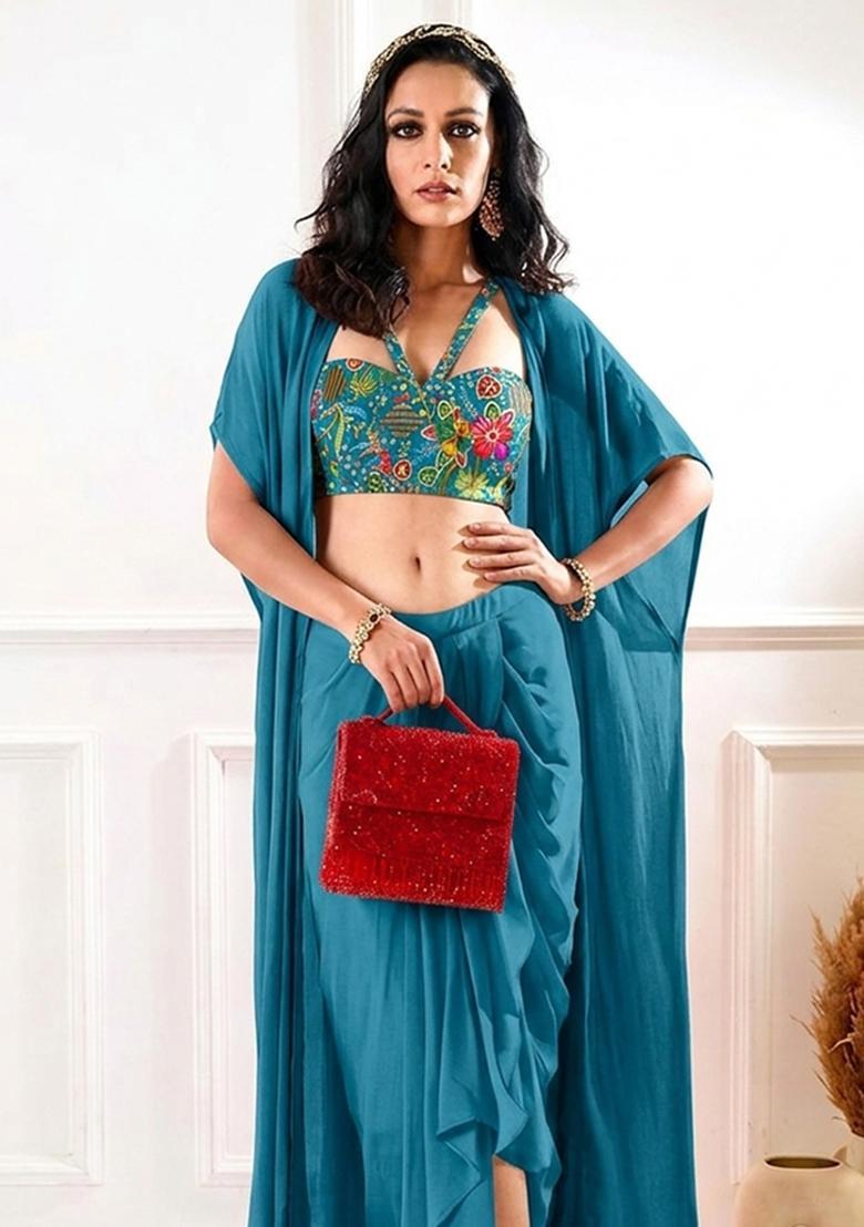 Teal Printed Crepe Fusion Set - Indya