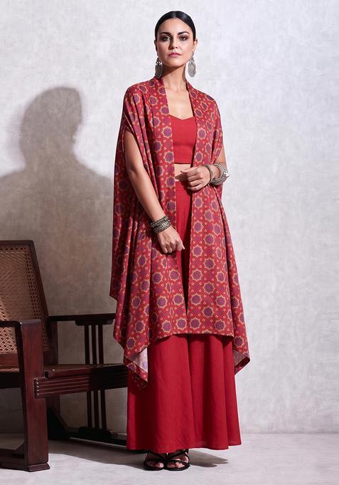 Red Crepe Printed Fusion Set