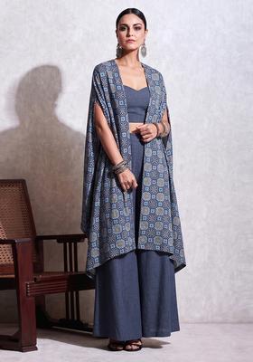 Slate Blue Cotton Abstract Print Fusion Set