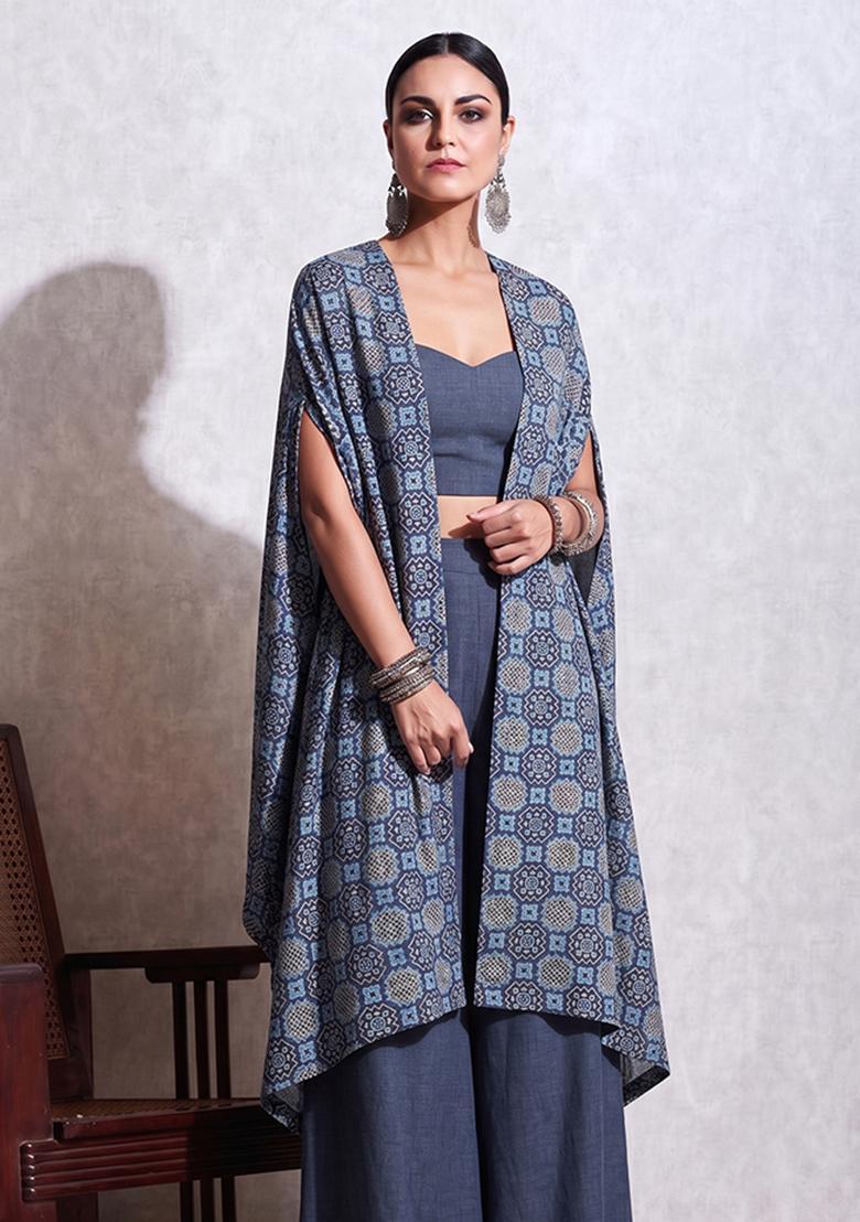 Slate Blue Cotton Abstract Print Fusion Set - Indya