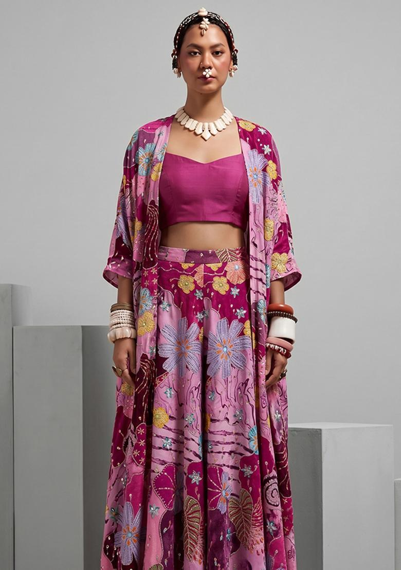 Rani Pink Printed Crepe Fusion Set - Indya