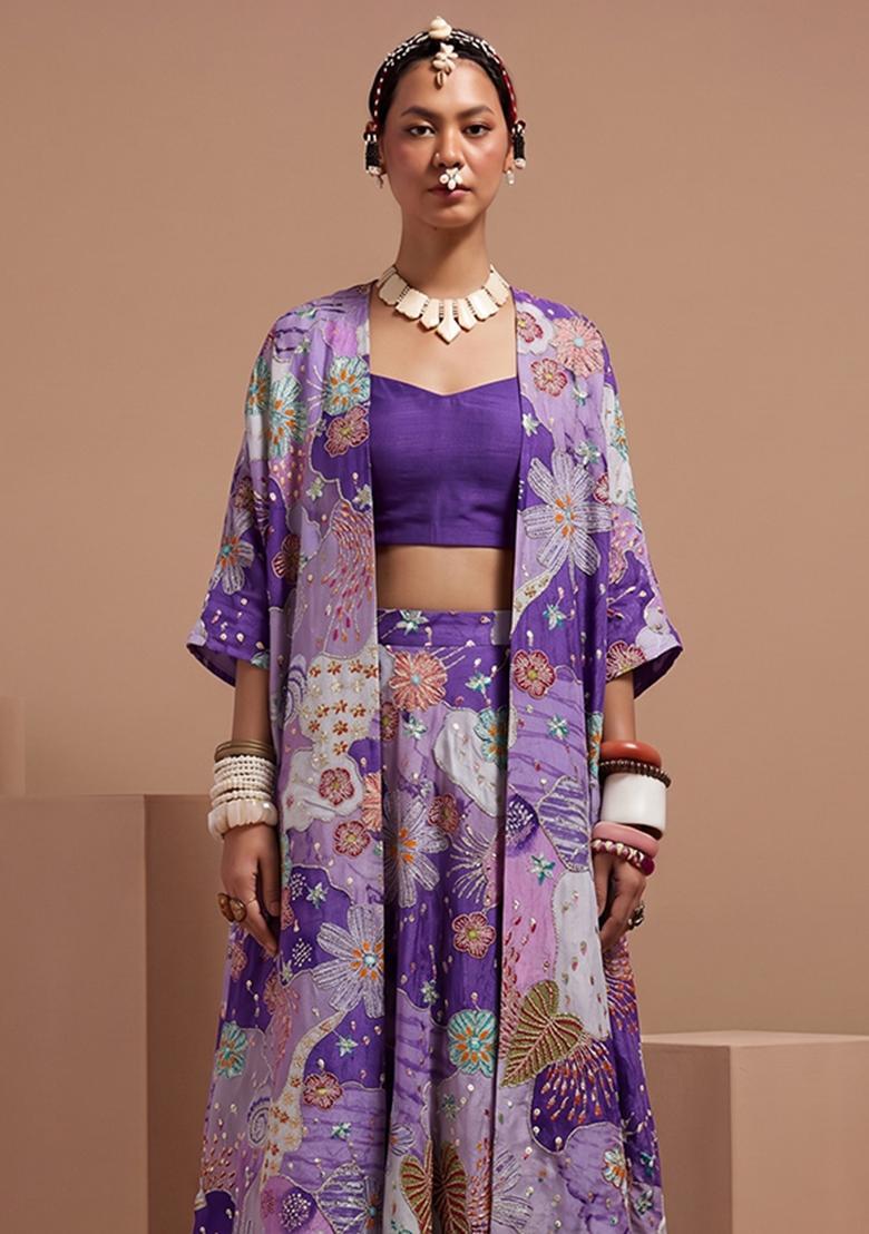 Purple Printed Crepe Fusion Set - Indya