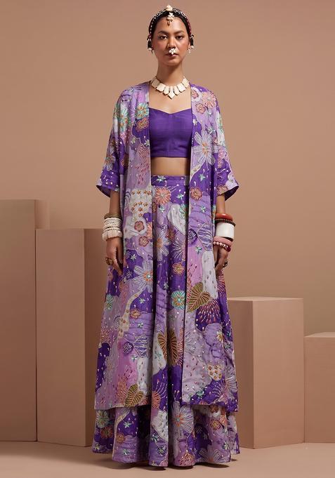 Purple Printed Crepe Fusion Set