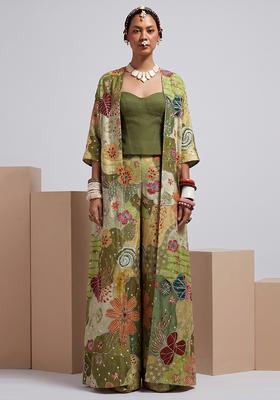 Olive Green Printed Crepe Fusion Set