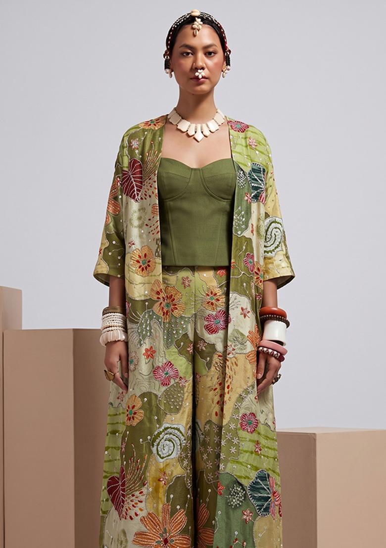 Olive Green Printed Crepe Fusion Set - Indya
