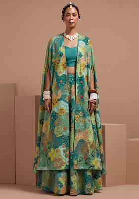 Teal Green Silk Blend Embroidered Lehenga Set