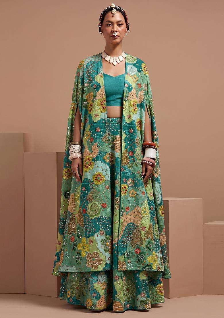 Teal Green Silk Blend Embroidered Lehenga Set - Indya